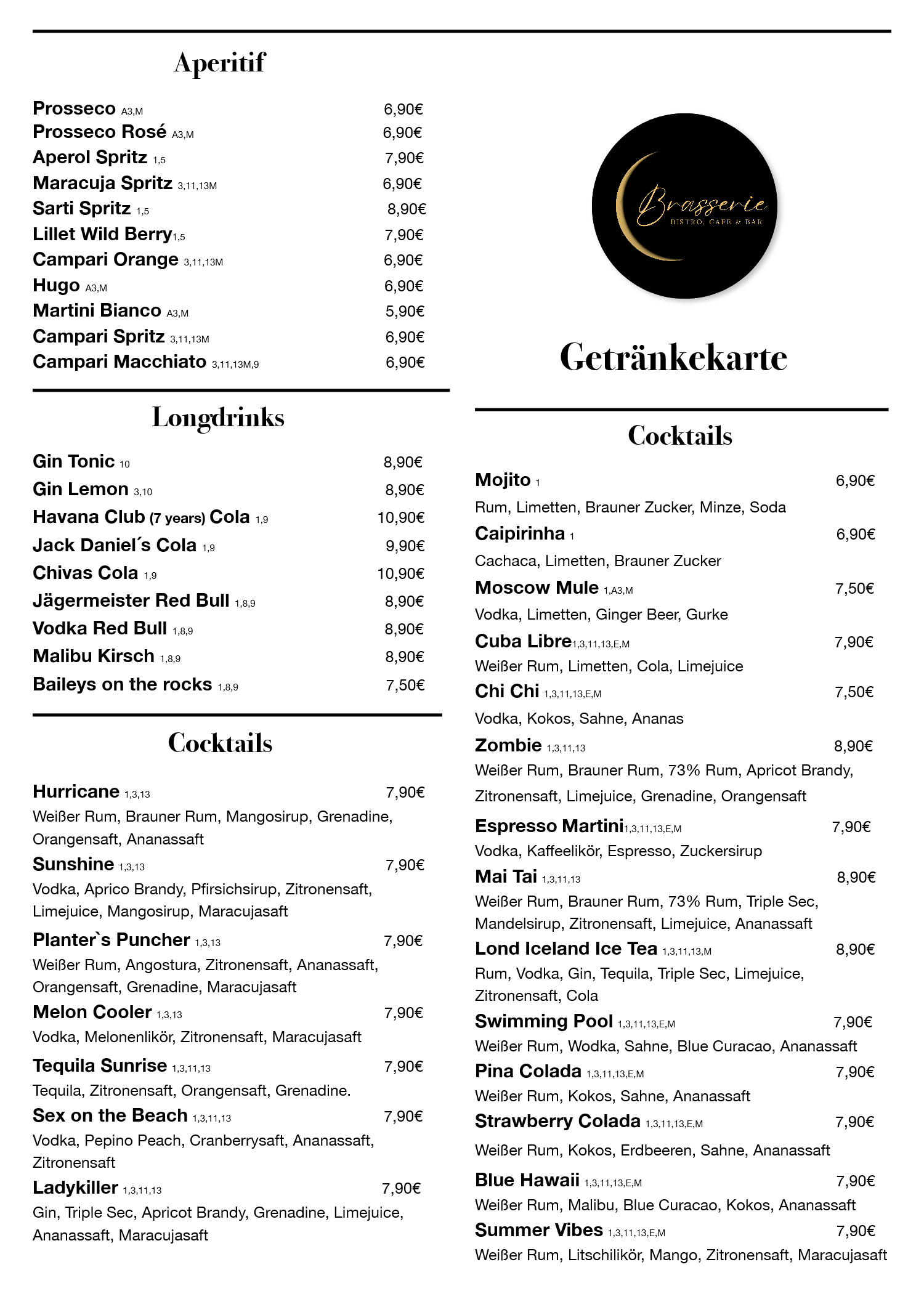 Brasserie Speisekarte