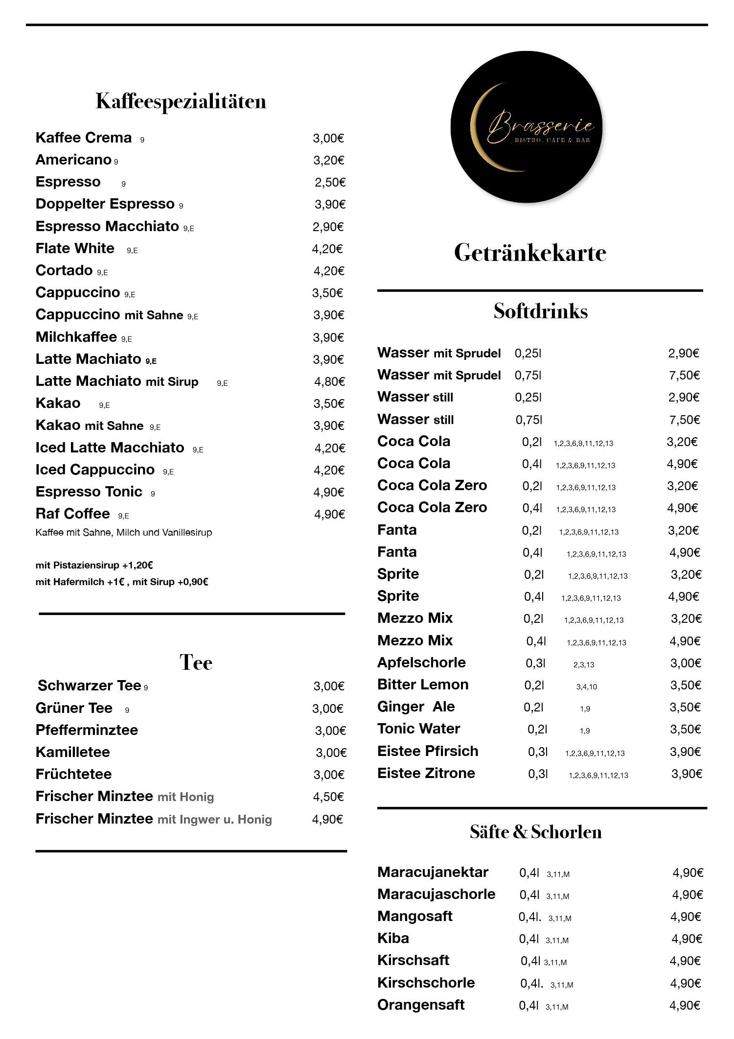Brasserie Speisekarte
