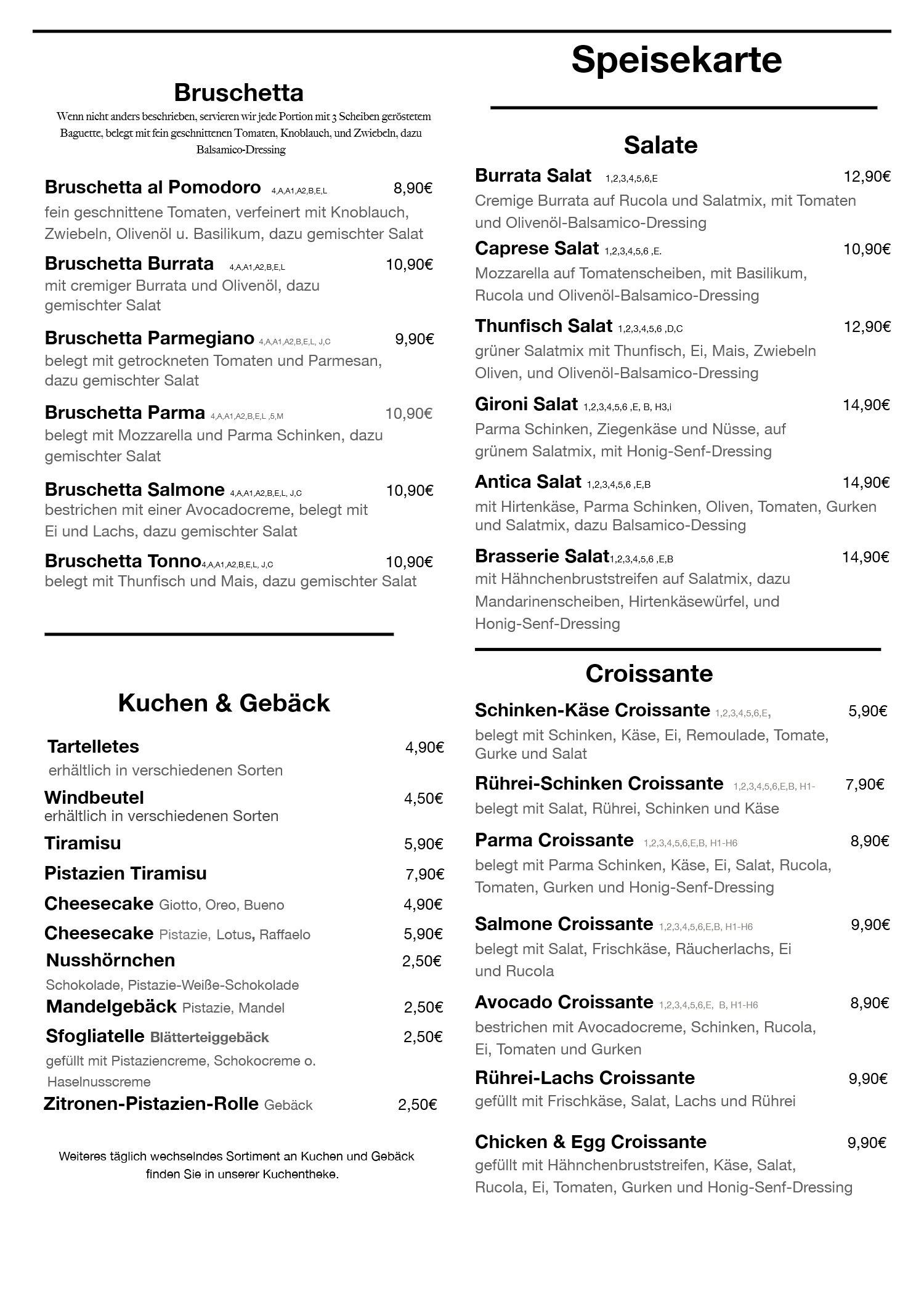Brasserie Speisekarte
